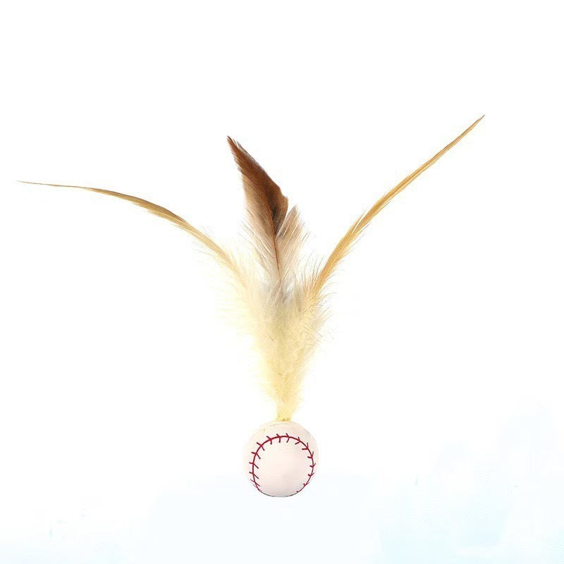 Bouncy cat toy ball with feathers, further angle view