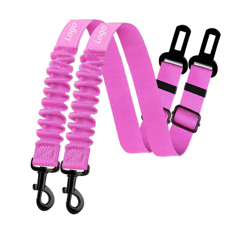 Dog car safety lead clipped to back seat belt for secure travel