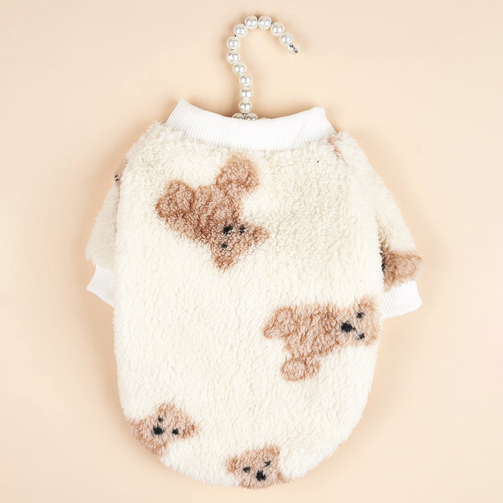 Plush bear print dog jumper for autumn and winter in Bear Print, close-up detail