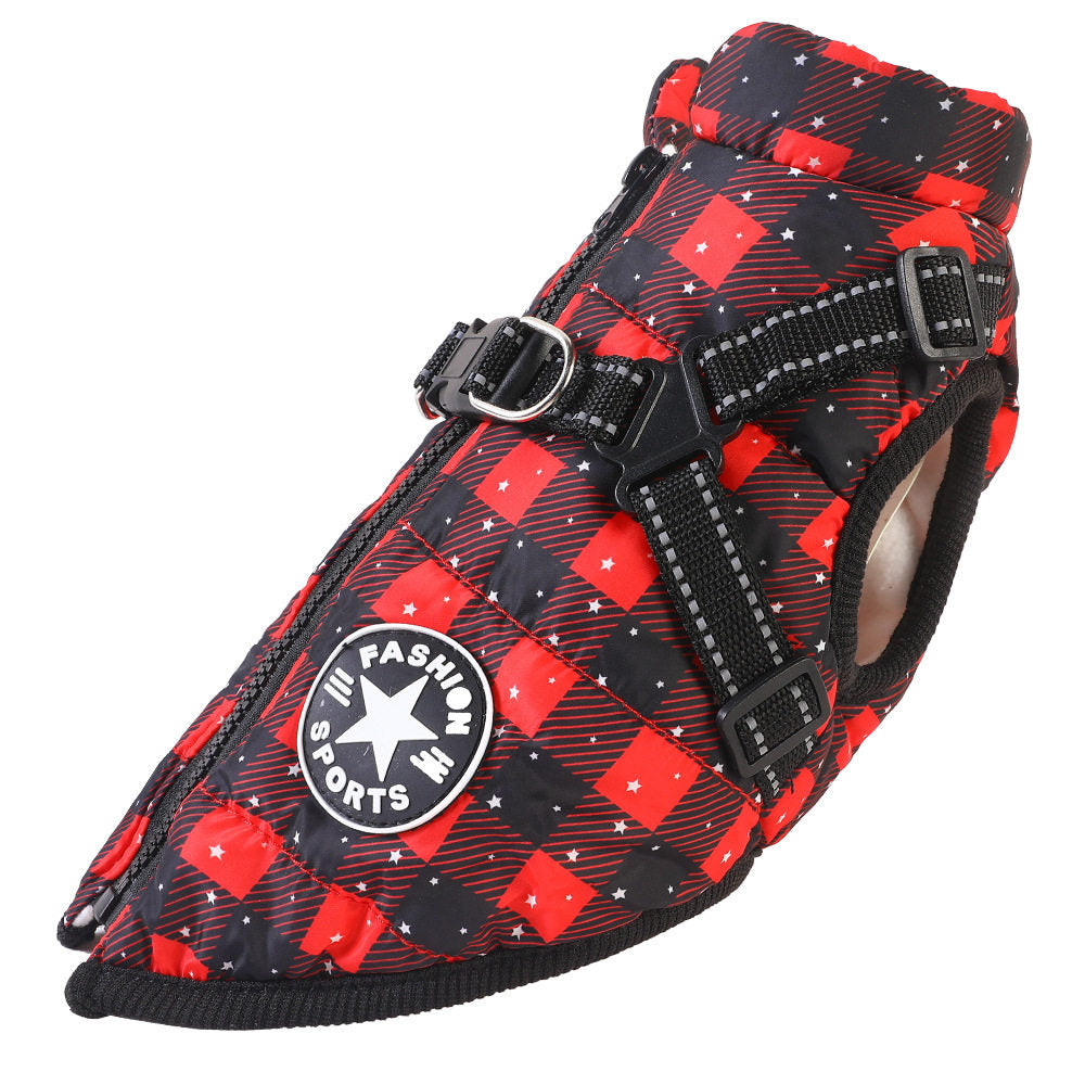 Fleece lined padded dog vest with reflective strips in Camouflage, close-up detail
