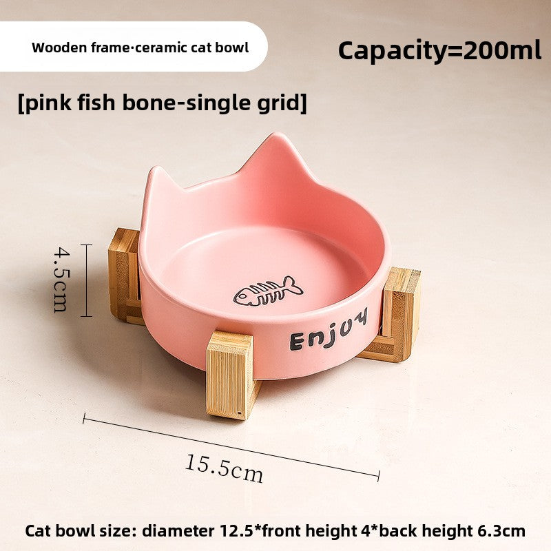 Anti-Spill Ceramic Pet Bowl with Wooden Stand and Cat Ear, Paw or Fish Bone Design