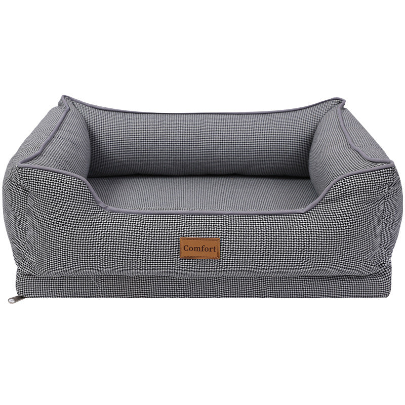 Small dog resting in a green breathable linen bed