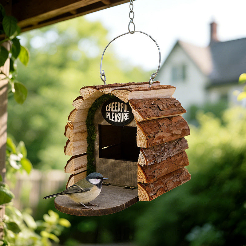 Wooden bird house with natural bark finish for gardens, view 3