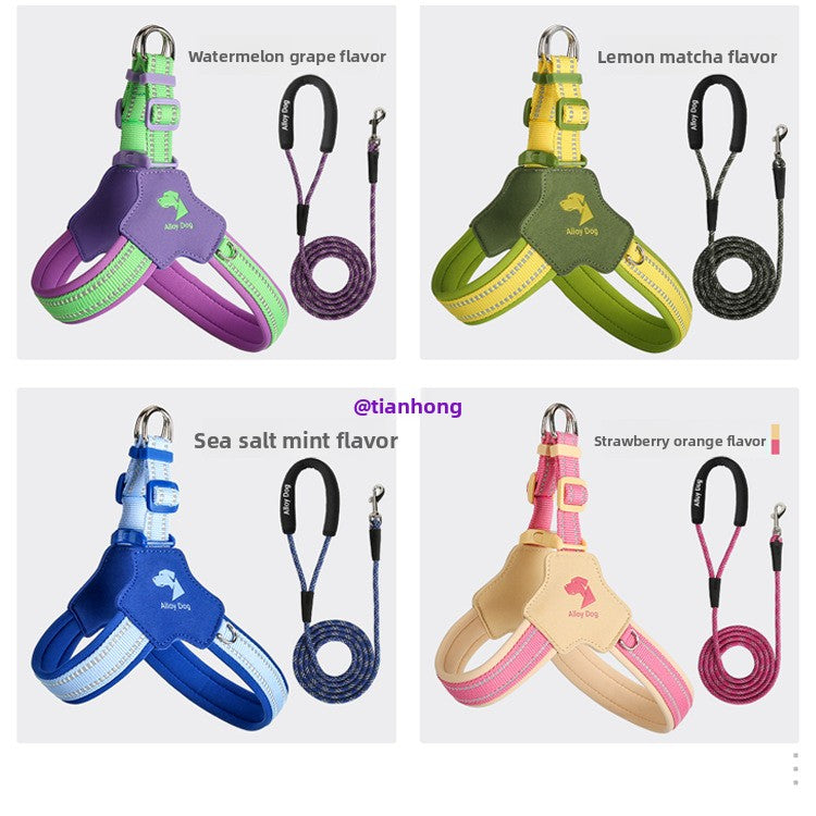 Adjustable dog harnesses in lemon matcha and strawberry orange