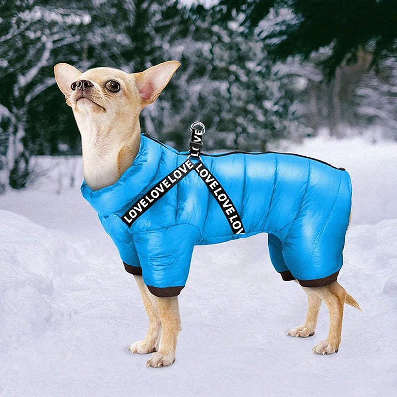 Fleece lined four-leg padded dog coat in Pink, side view