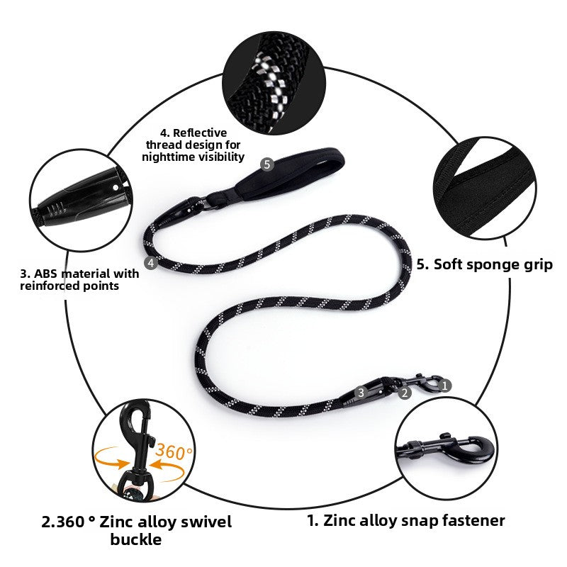 Reflective anti-burst nylon dog lead, close-up detail view
