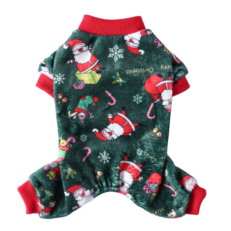 Coral fleece four-leg dog jumpsuit with holiday print in Purple, side view