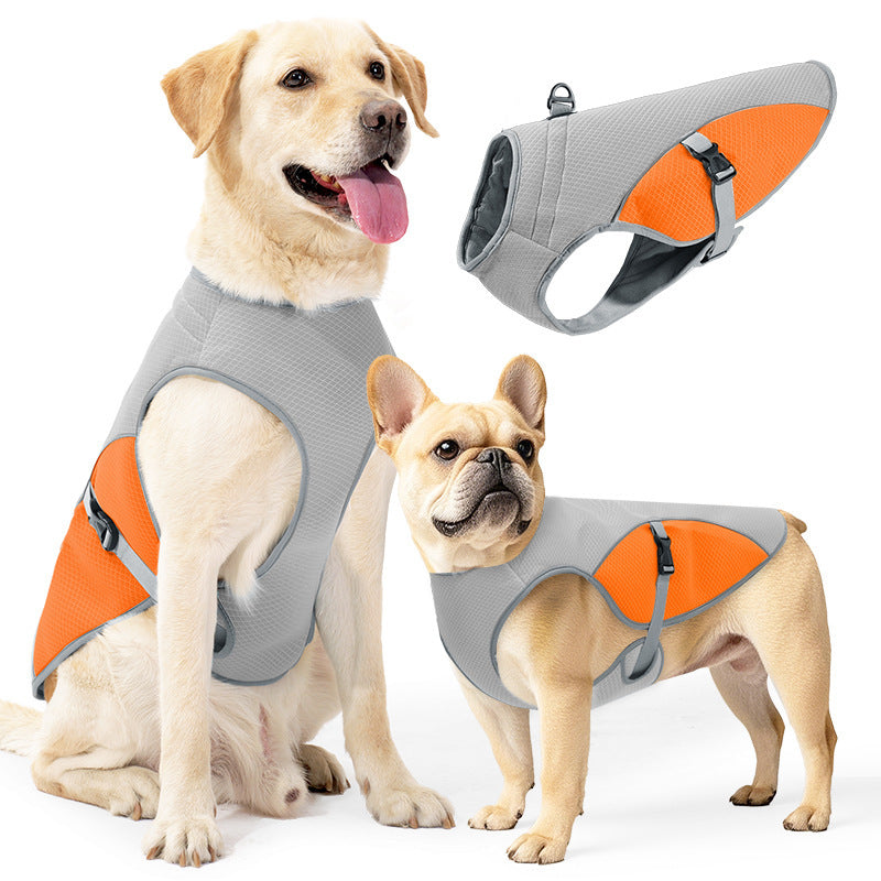 Dog cooling vest with reflective strips in light grey and orange, view 9