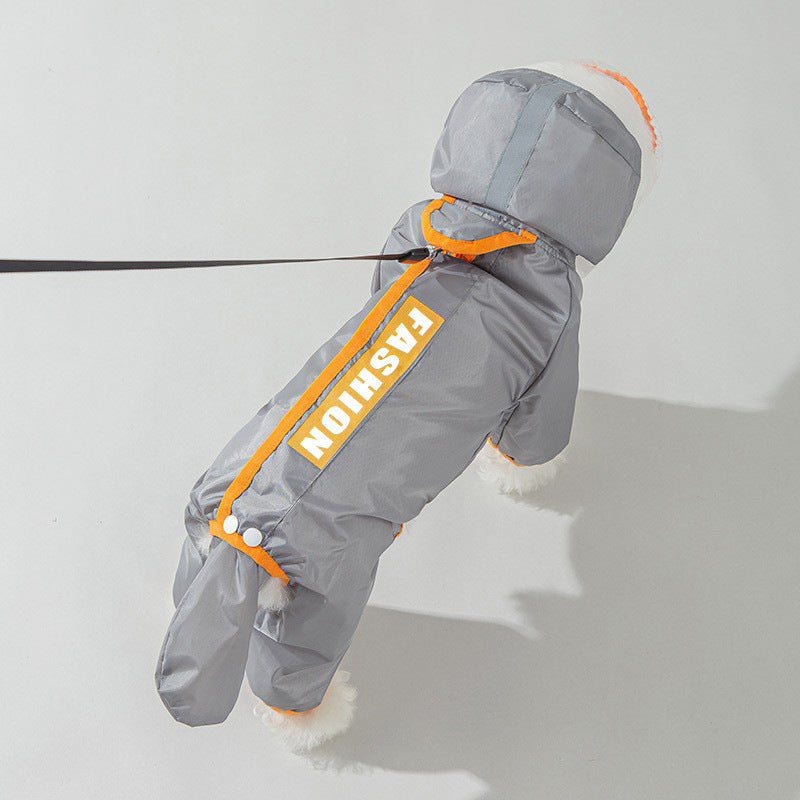 Waterproof four leg dog raincoats in orange and green