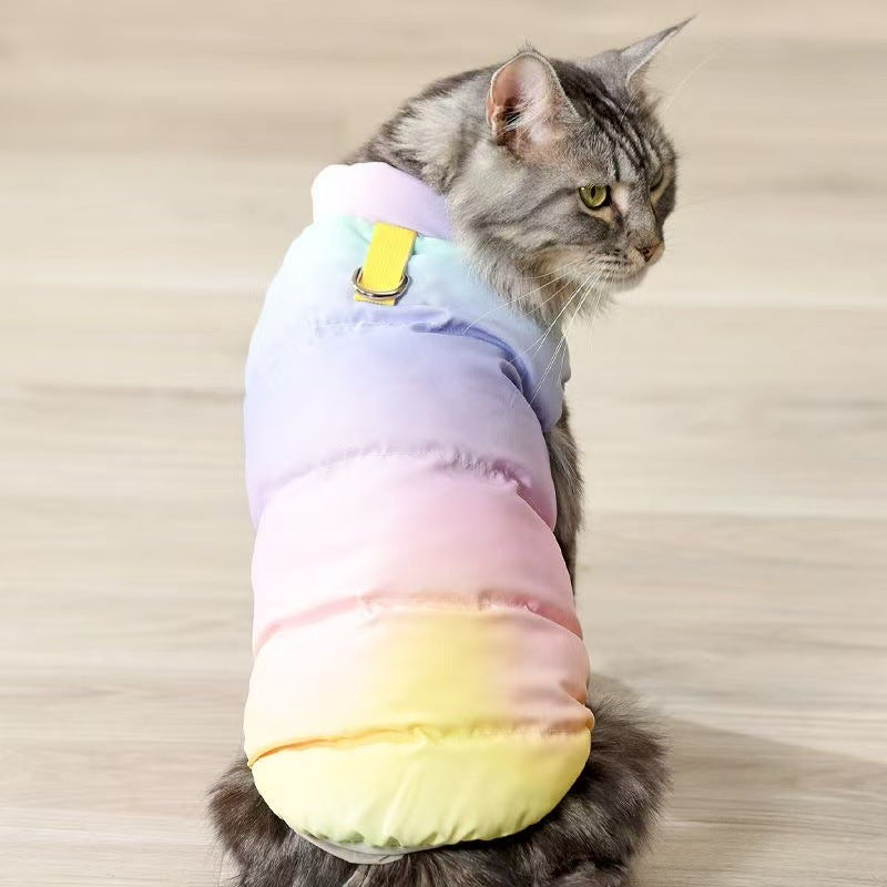 Warm padded cat jacket with lead attachment ring in Multicolour, front view