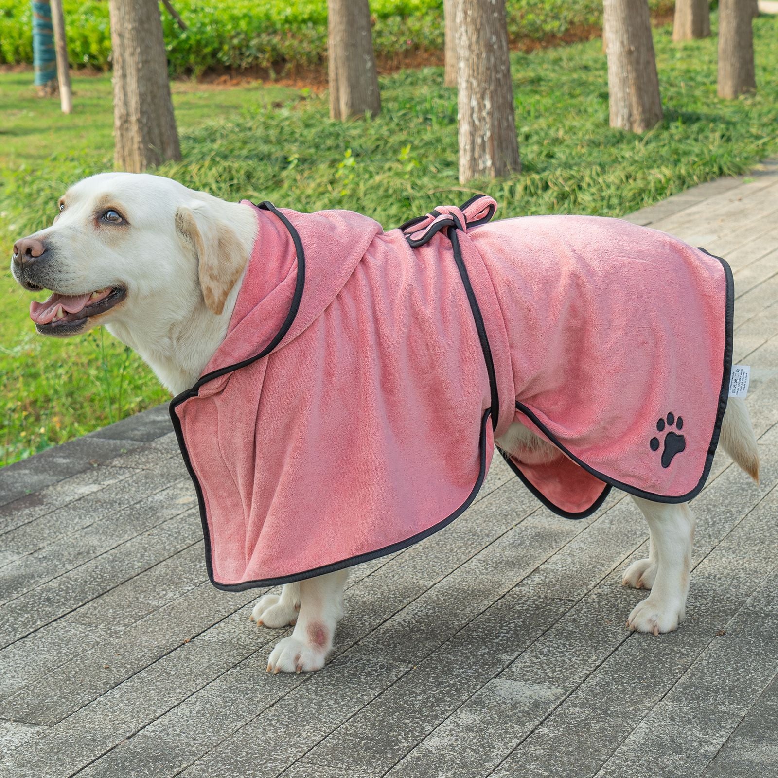 Microfibre pet bathrobe towel for dogs and cats in Bean Paste Pink, top view
