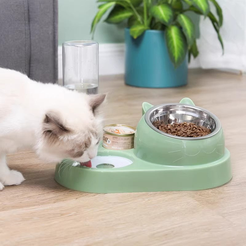 Dual Bowl Pet Feeder with Removable Stainless Steel Inserts and Weighted Anti-Slip Base