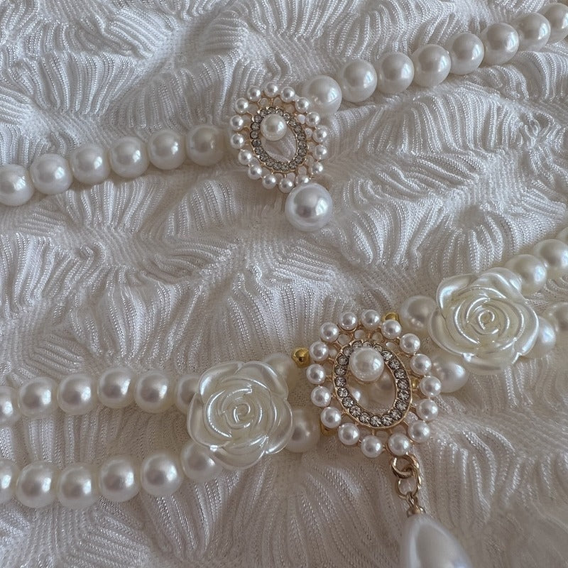 Double layer vintage pearl collar with gemstone flowers, product image 4