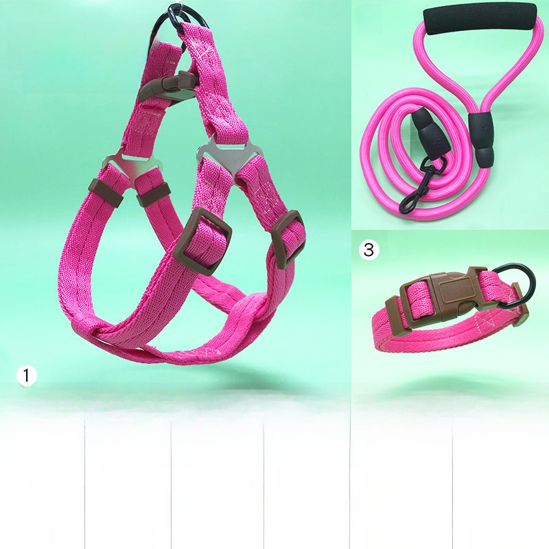 Three piece dog harness, collar and lead set in blue