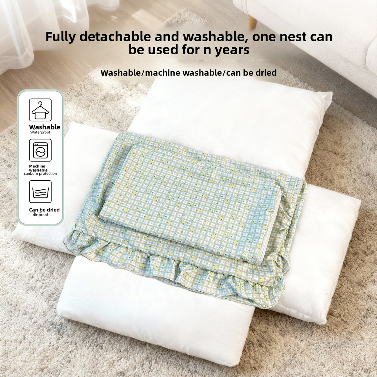 Square green washable dog bed with cooling bean mat, photo 5