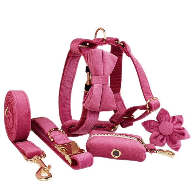 Rose red velvet dog collar and lead, main product photo