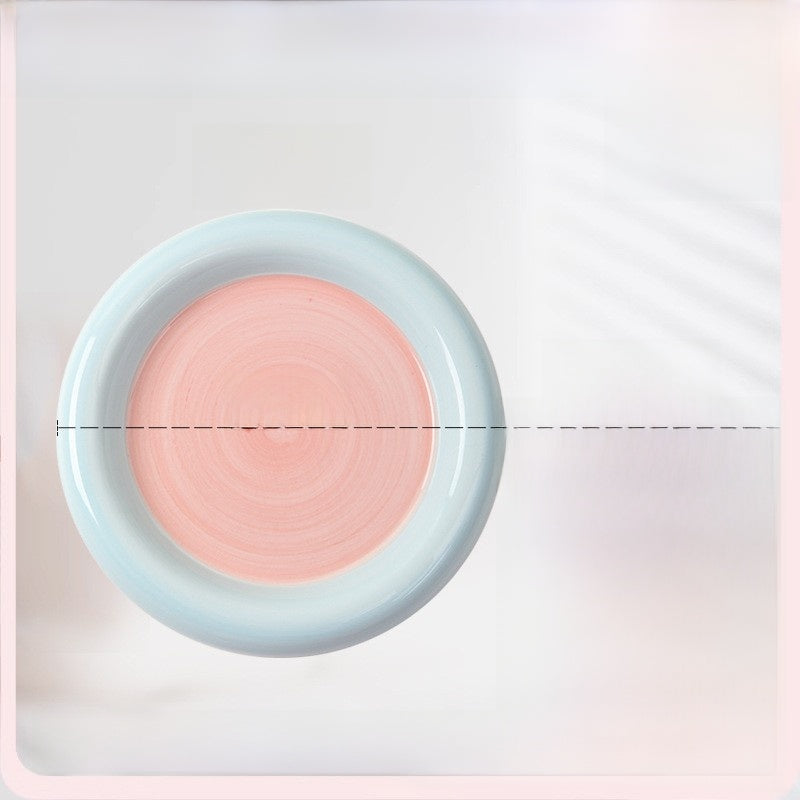 Glazed ceramic pet food plate with bear design in blue and pink, view 16