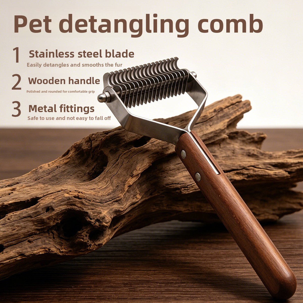 Wooden Handle Detangling Comb with Stainless Steel Pins for Pets