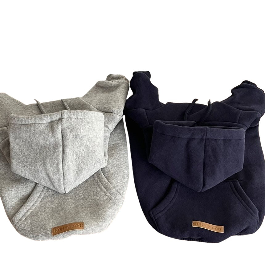 Fleece lined hooded sweatshirt for small dogs and cats in Grey, showing size and shape