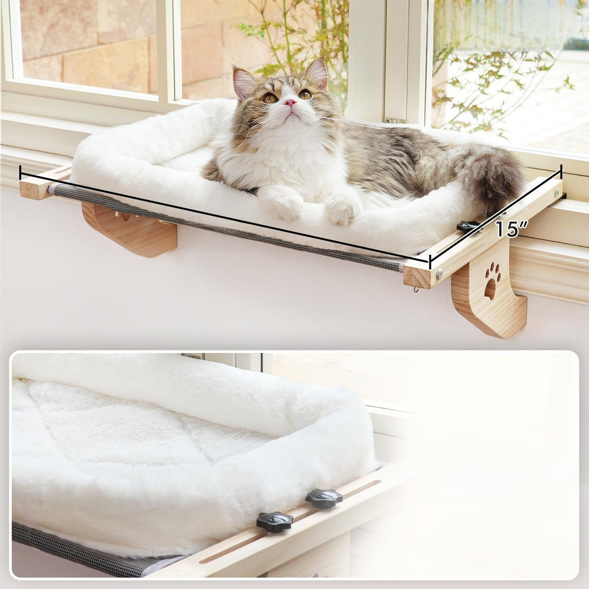 Wooden frame hanging cat bed with plush cushion, photo 4