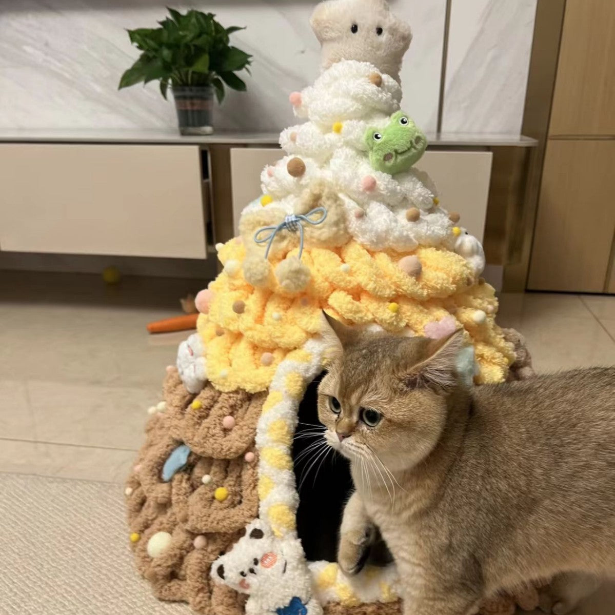 Christmas tree knitted cat nest with soft cushion inside, photo from another angle