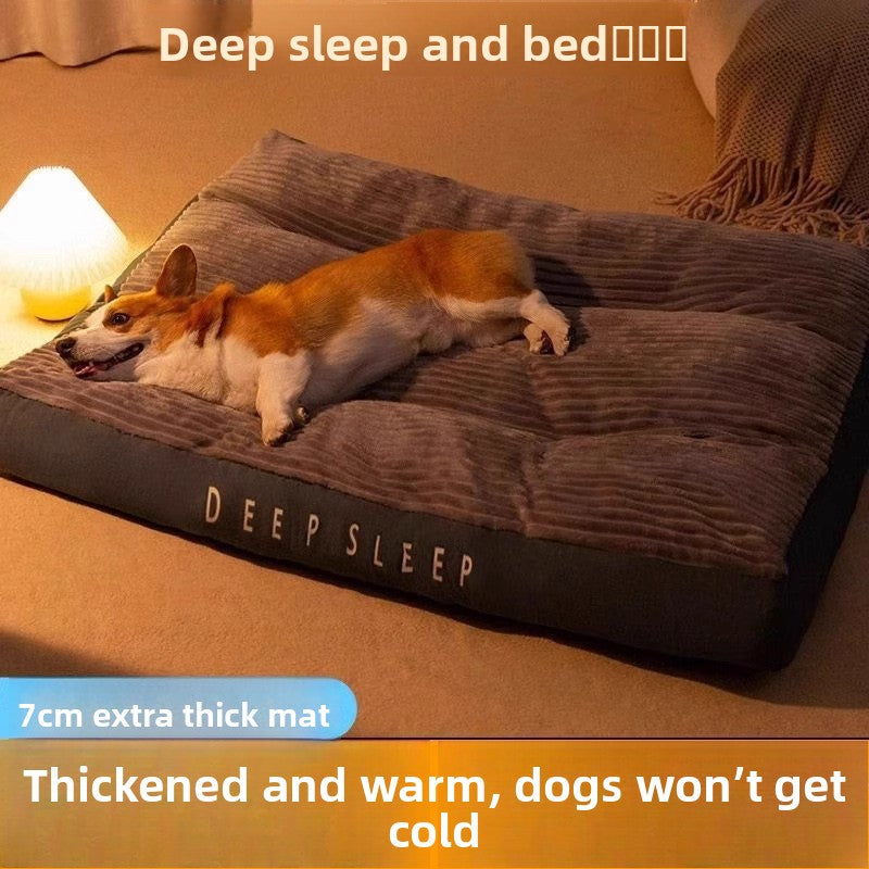 Large dog resting on a warm flannel dog mat