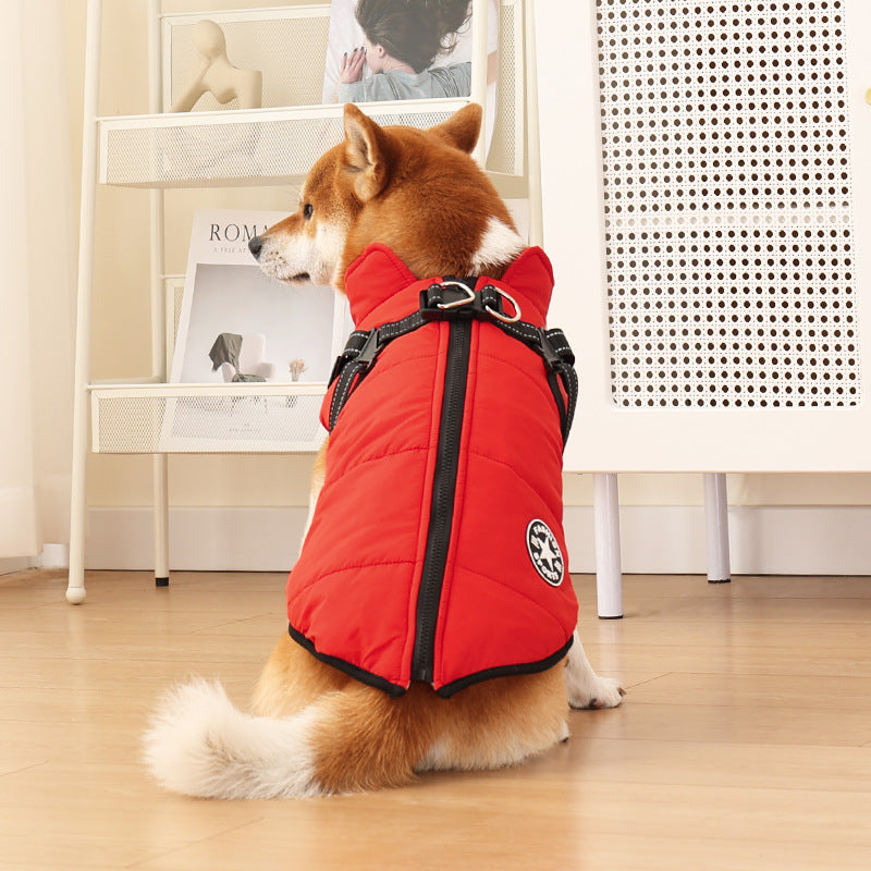 Warm padded cotton dog coat with reflective straps in Red, front view