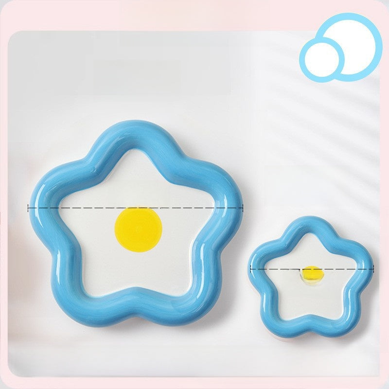 Glazed ceramic pet food plate with bear design in blue and pink, view 32