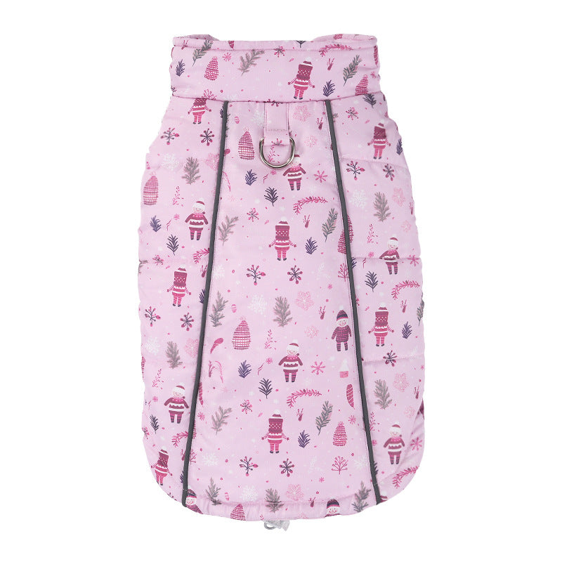 Christmas padded dog vest with reflective trim in Pink, material detail