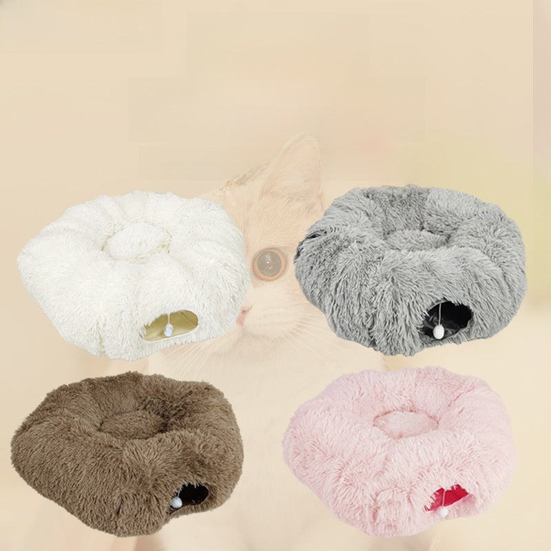 Grey donut tunnel plush cat bed with hanging ball, view 5