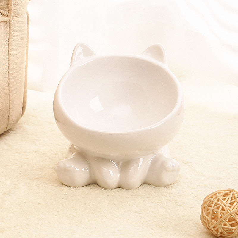Ceramic Cat Bowl with Angled Mouth and Reaching Hand Designs, Easy-Clean Pet Food Dish