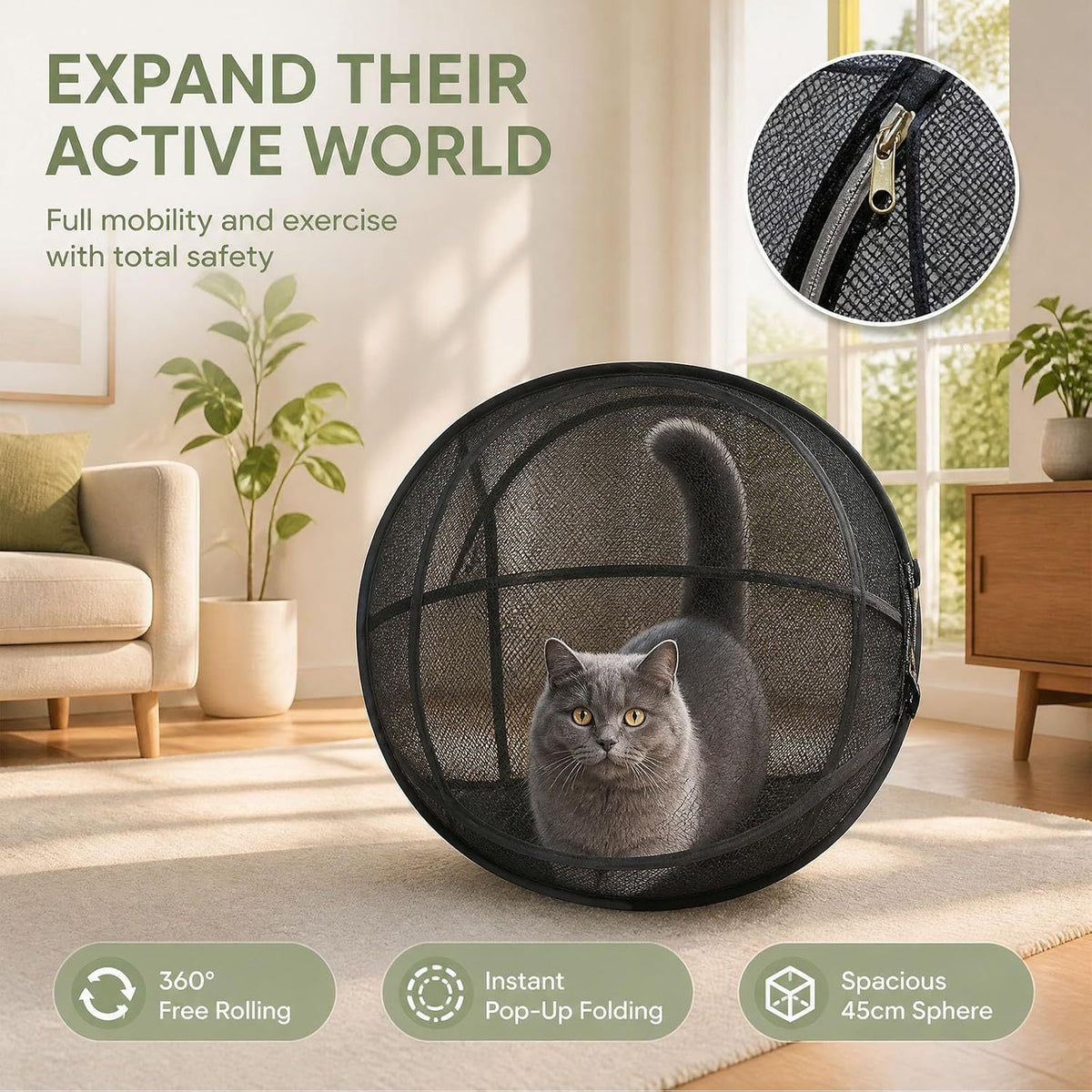 Cat playing inside a pink 360 degree mesh playpen
