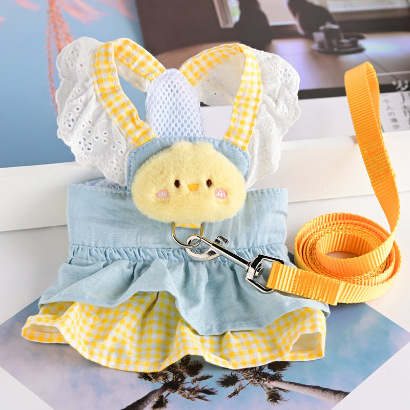 Princess cotton dog dress with matching lead in Yellow Dress, front view