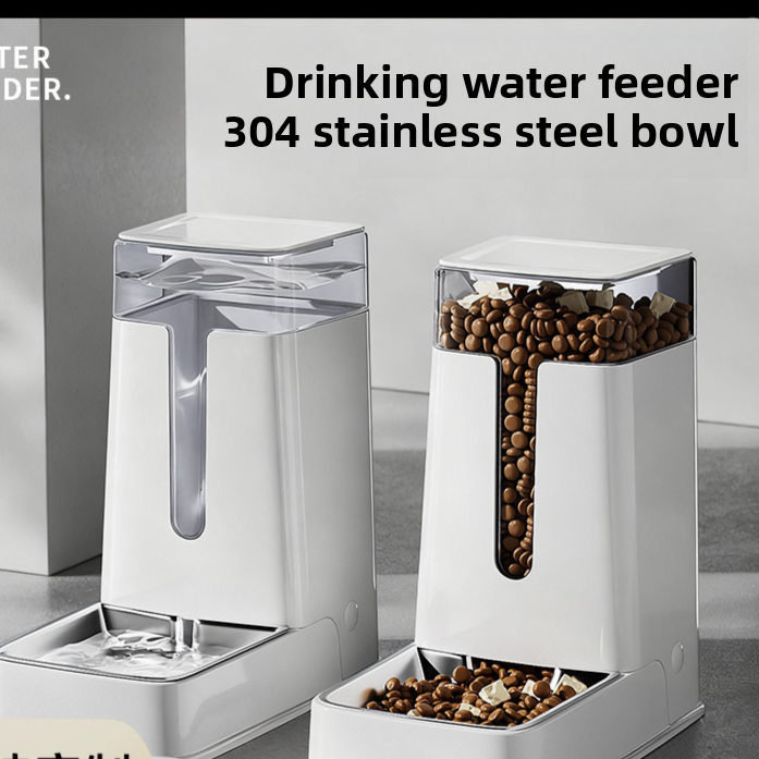 Self-refilling pet food feeder with stainless steel bowl in white