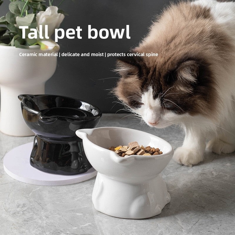 Cute Ceramic Raised Cat Bowl with Bell Detail and Anti-Spill Stable Base in Four Colours
