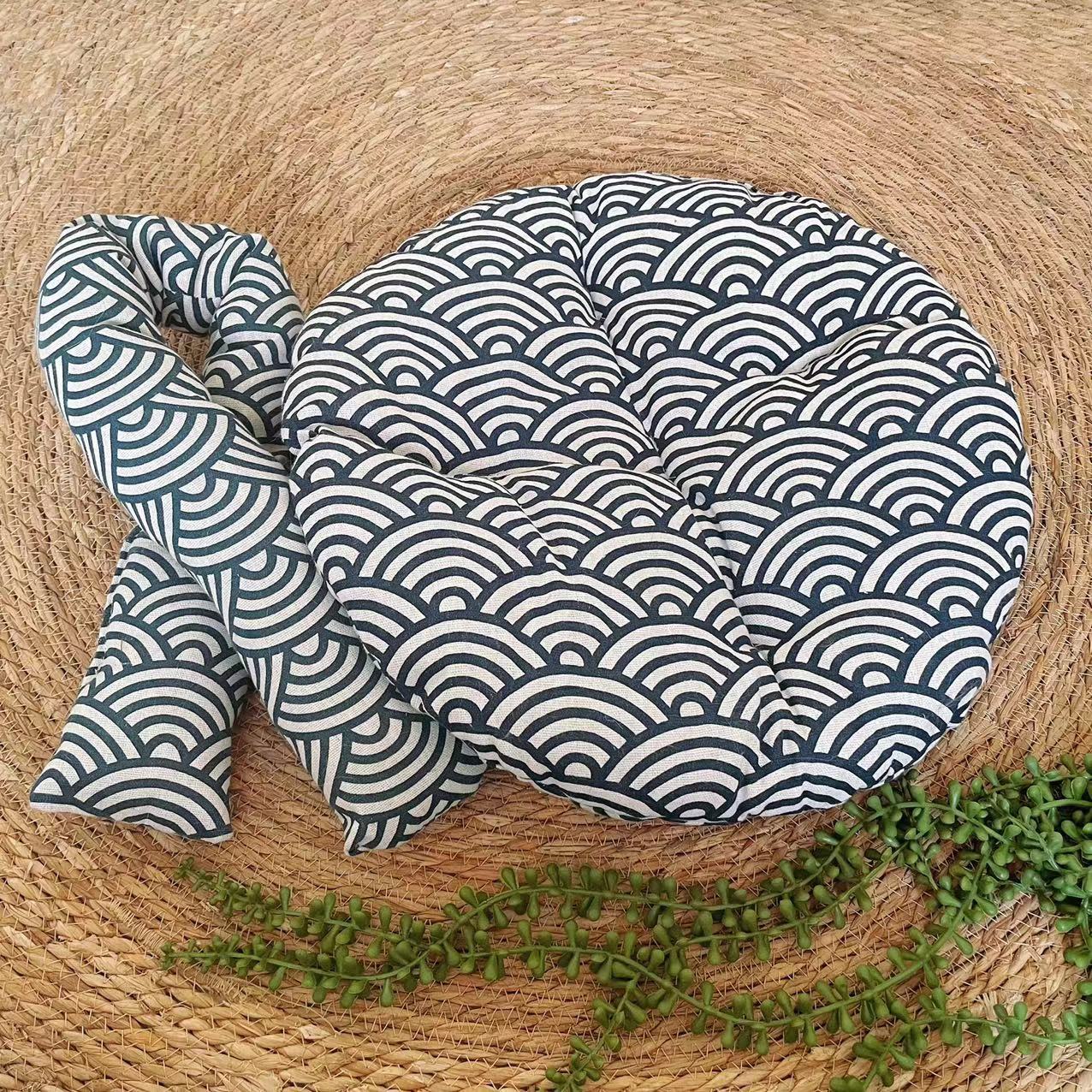 Rattan woven cat nest with ball toy and cream pad, view 29