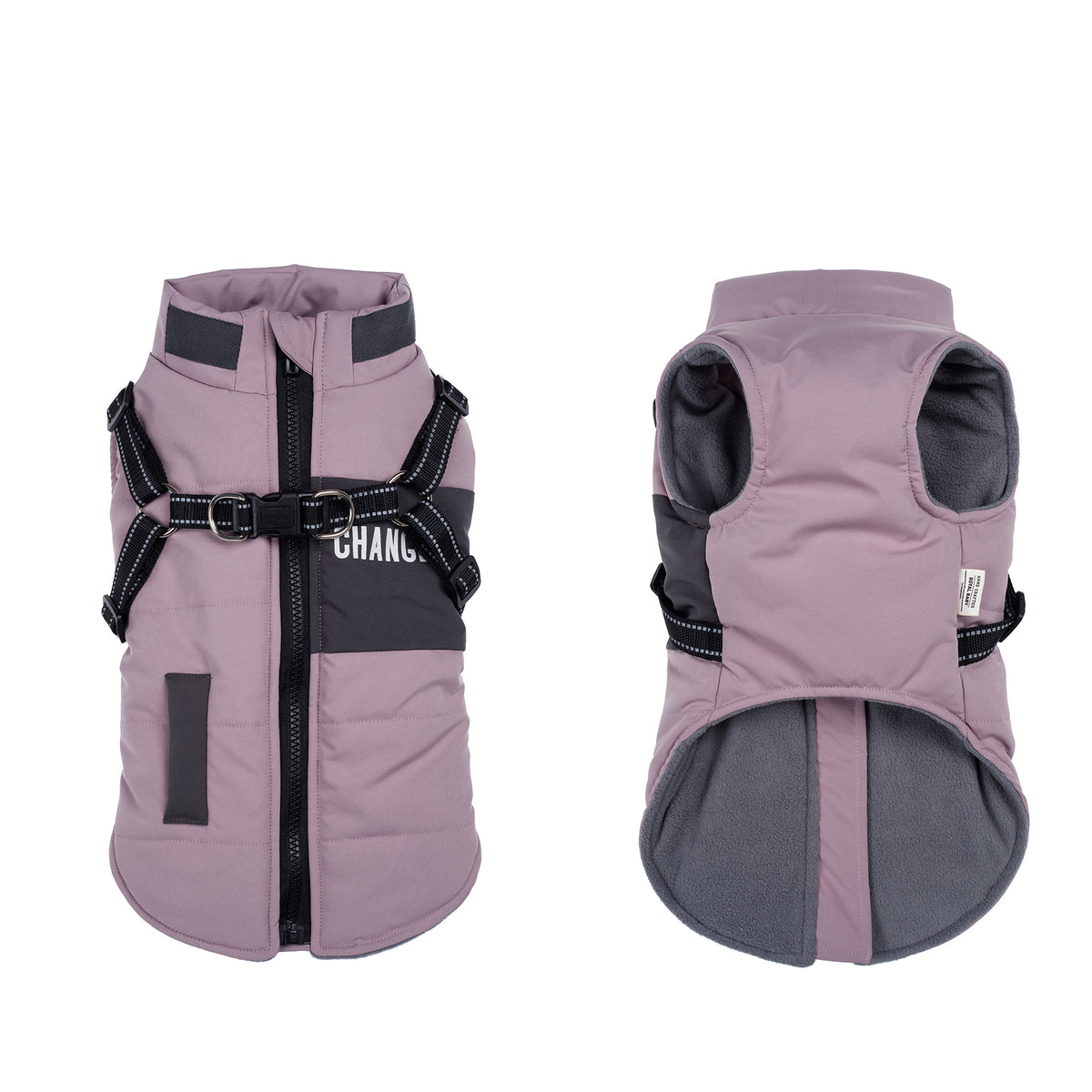 Stand collar padded dog winter coat in Fog Blue, side view