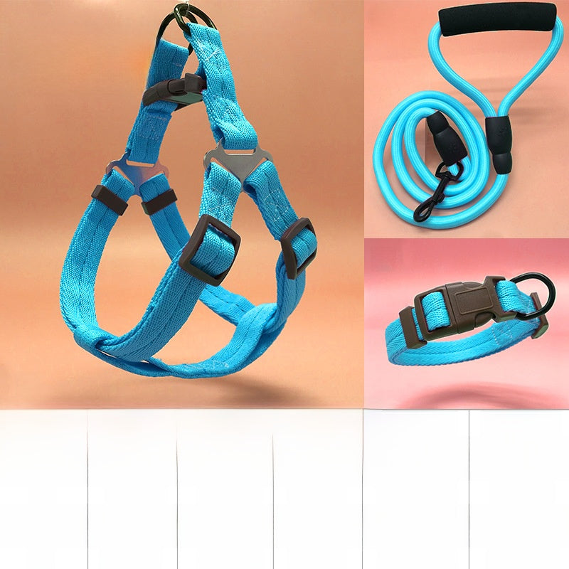Three piece dog harness, collar and lead set in blue