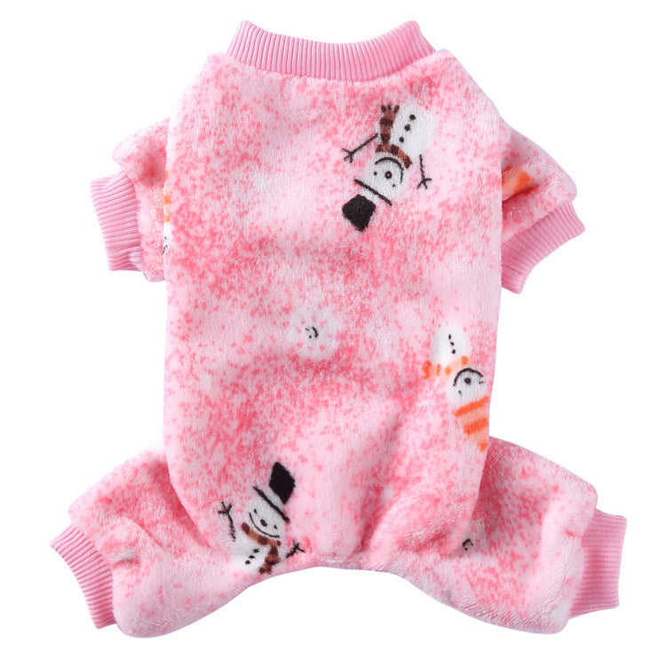 Coral fleece four-leg dog jumpsuit with holiday print in Apricot Style C, close-up detail
