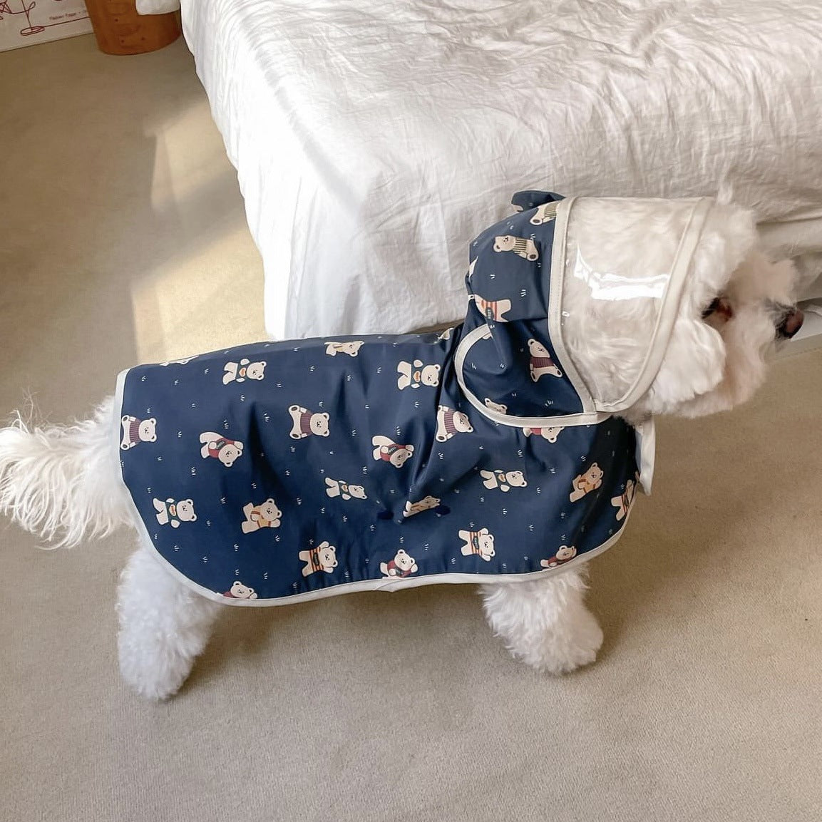 Hooded waterproof dog rain poncho with bear print, in use with a pet