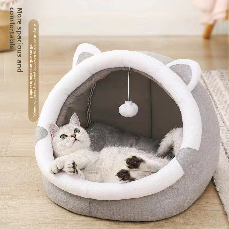 Soft fabric cat cave bed with ears, product detail photo