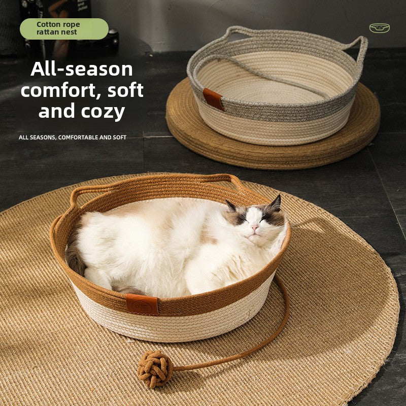 Hand woven round cotton and linen pet nest in grey, view 1