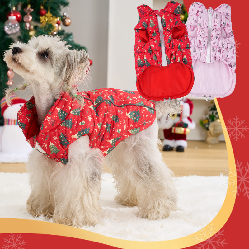 Christmas padded dog vest with reflective trim in Red, front view