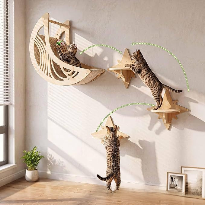 Wooden wall-mounted cat moon bed and star platforms, main product photo