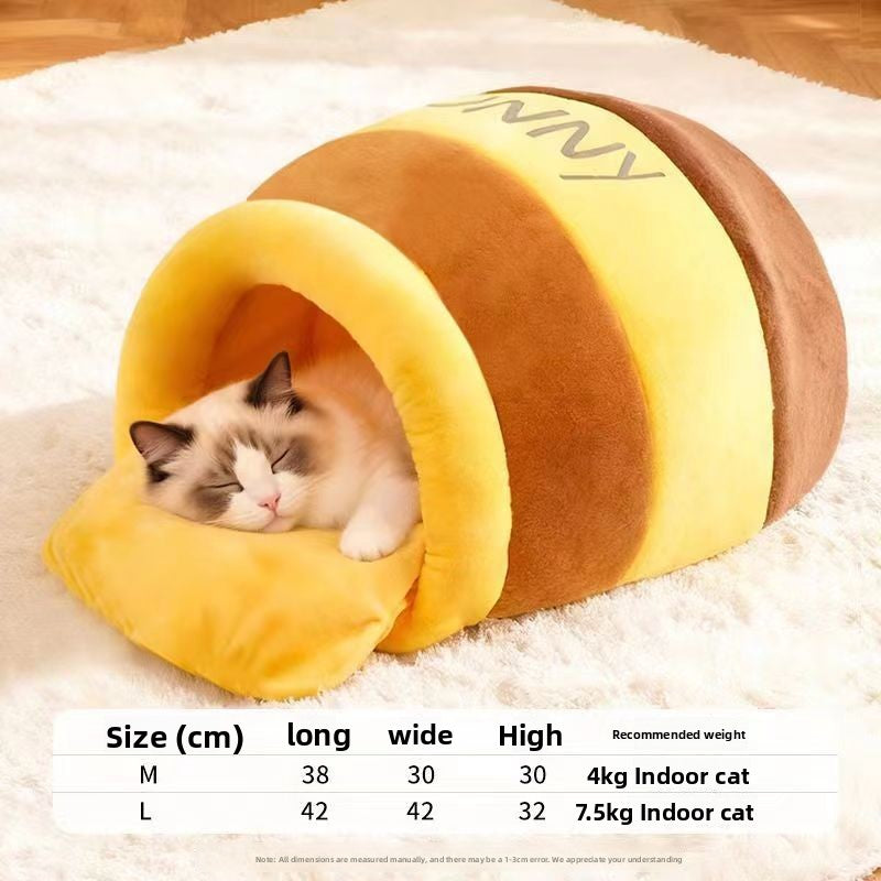 Honey jar shaped yellow flannel cat bed, product image 5