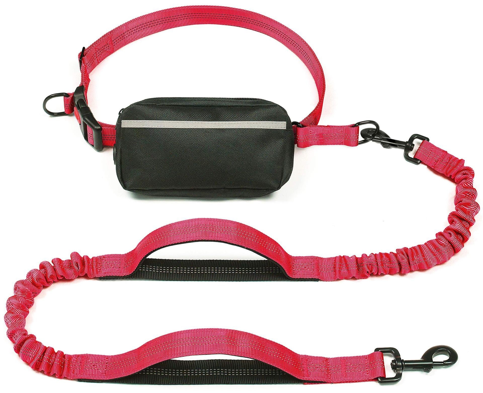 Hands free reflective dog running lead with waist bag in black