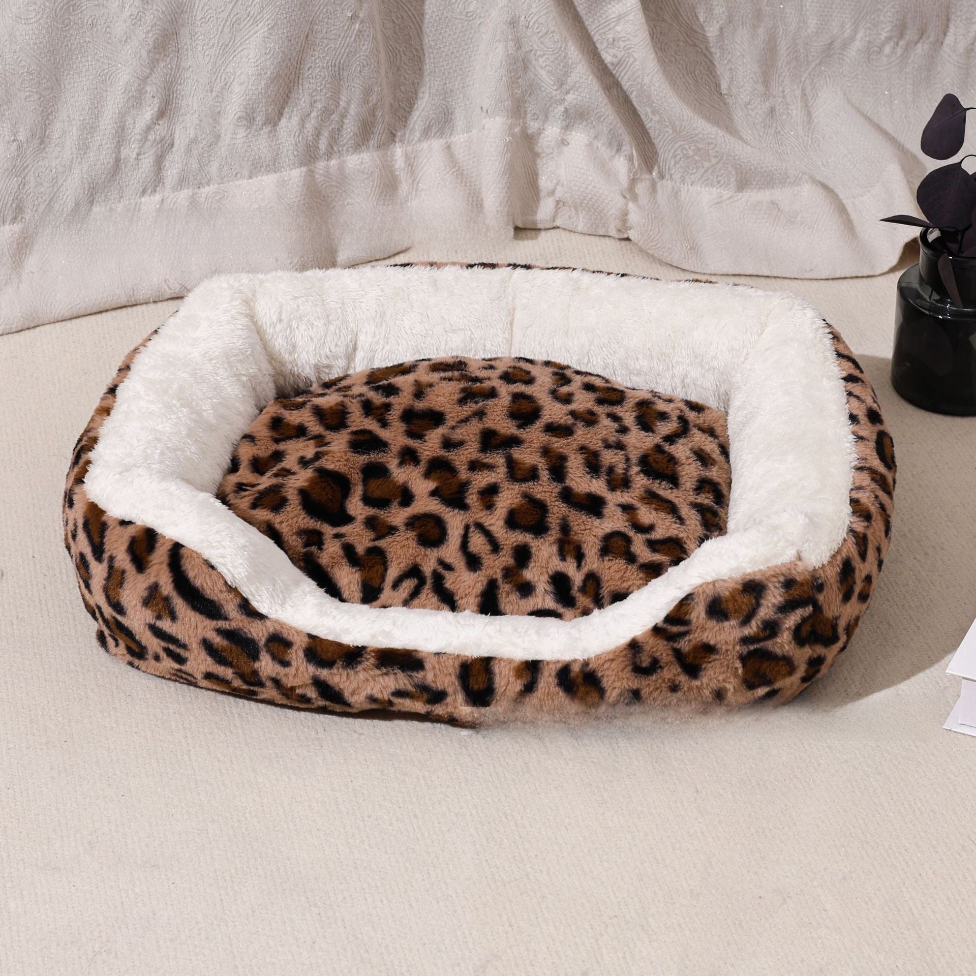 Brown leopard print plush pet sofa bed with removable pad, view 8