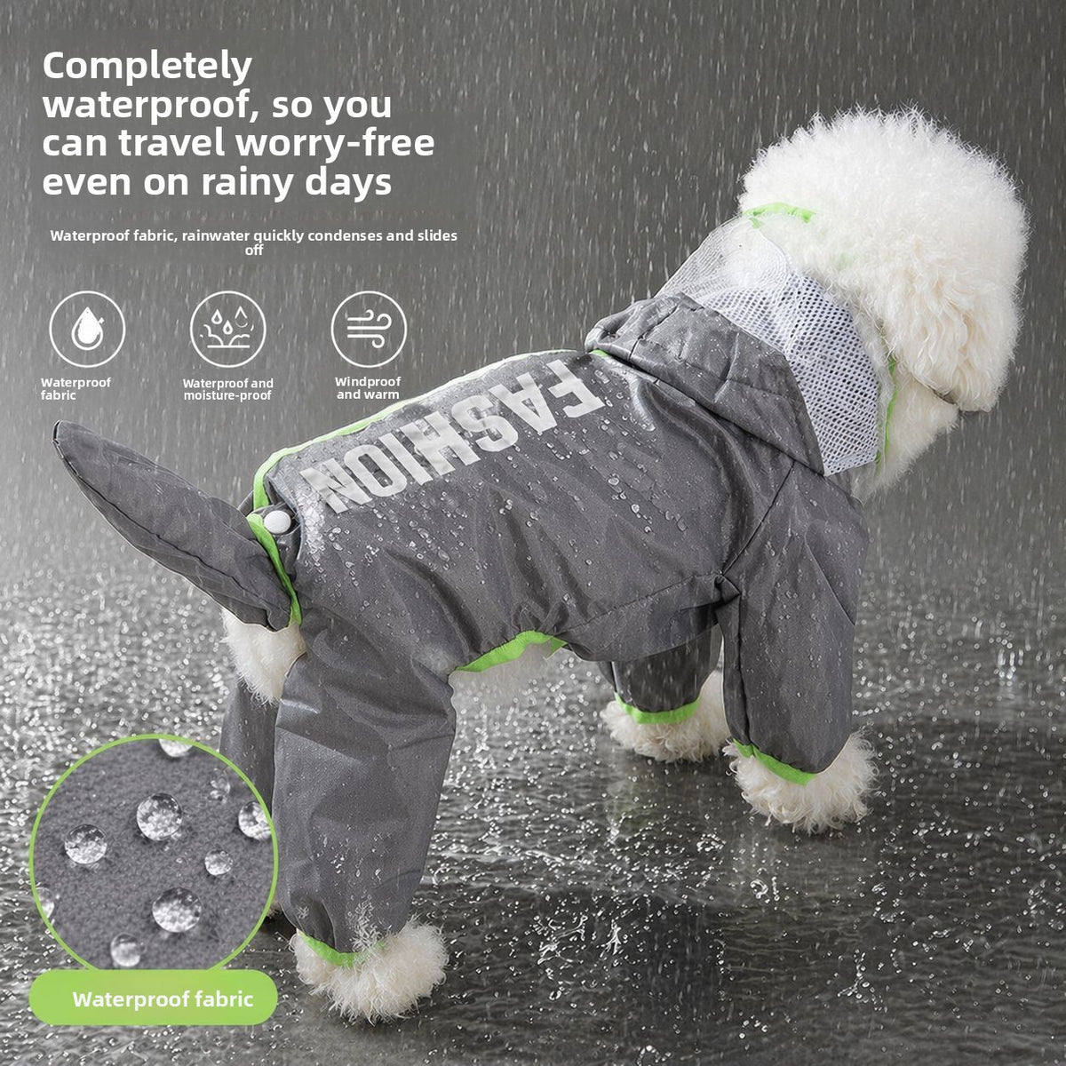 Small dog in an orange four leg raincoat with tail cover
