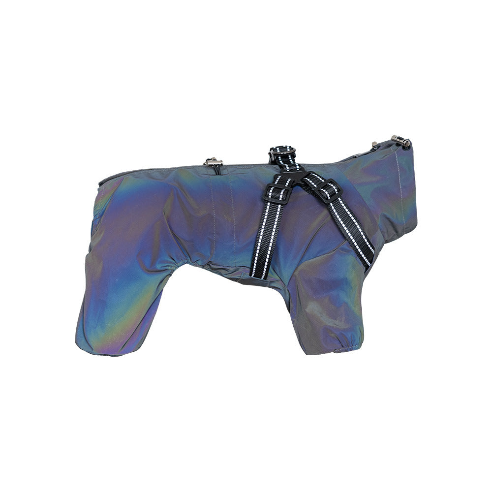 Waterproof four-leg dog raincoat with reflective strips in Orange, top view