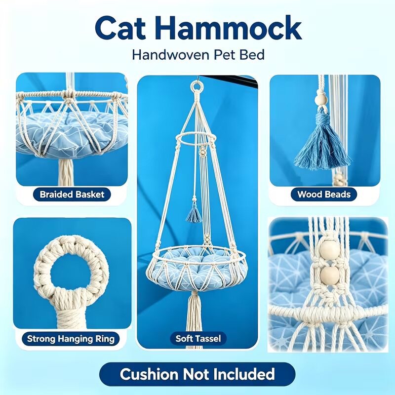 Handwoven bohemian hanging cat hammock in breathable cloth, product image 9